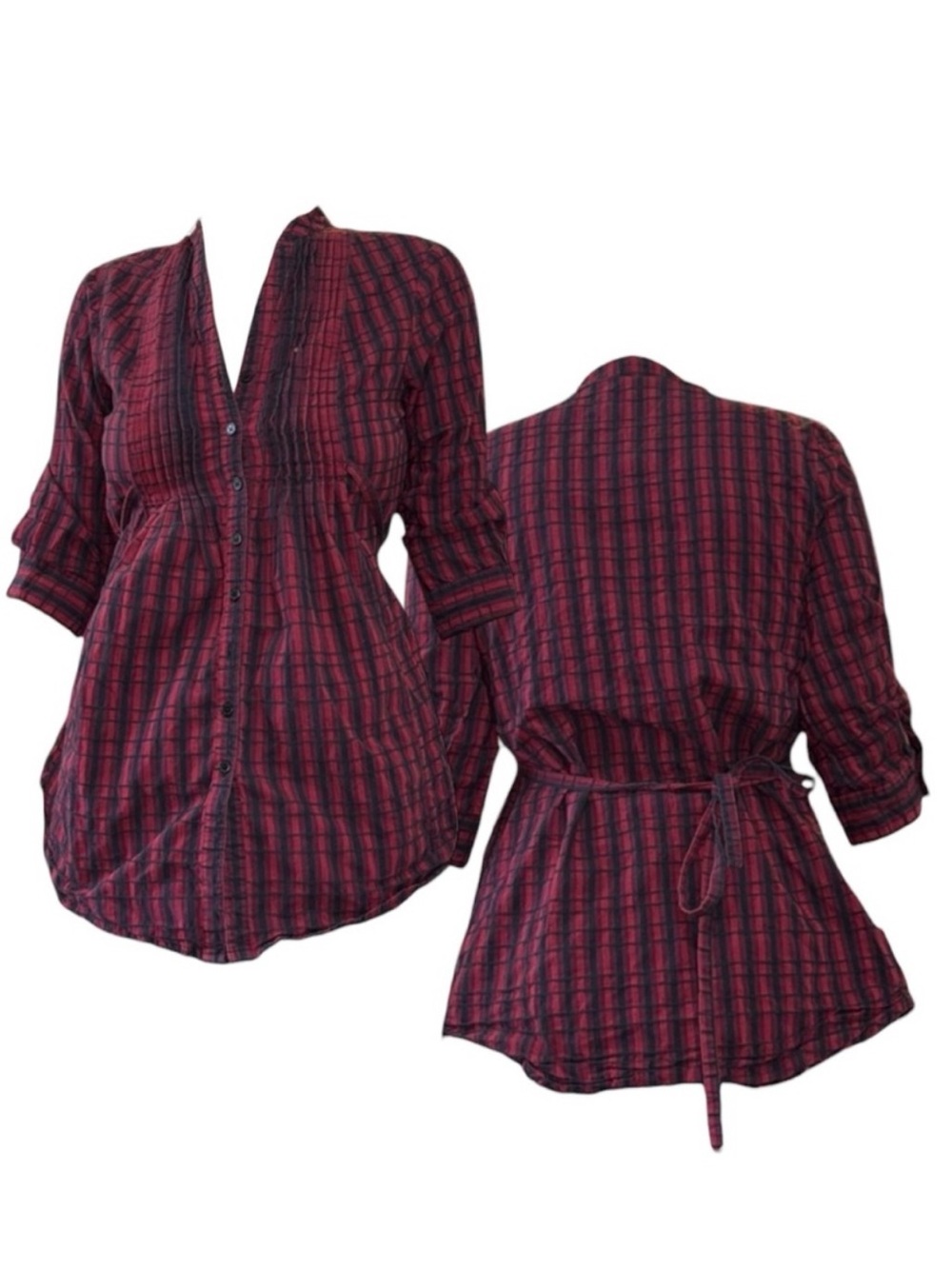 Red & Black Plaid Button-Front Tunic With Tie Back